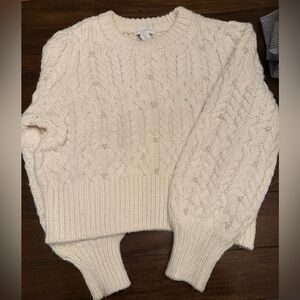 House of Harlow 1960 Cream Cable Knit Sweater with Pearl Accent